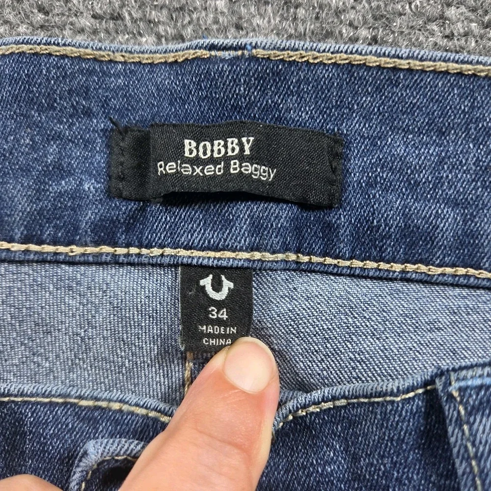 True Religion Bobby Applique Relaxed Baggy Jeans 34x32 Medium Blaze Wash NWT